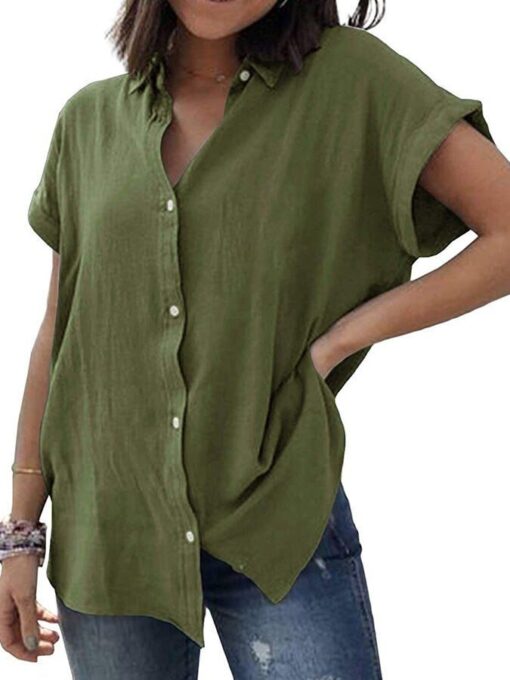 Ladies Cotton Linen Short Sleeve Retro Casual Simple Shirt - Image 4