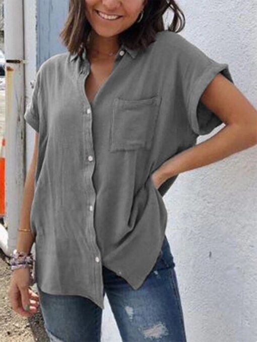 Ladies Cotton Linen Short Sleeve Retro Casual Simple Shirt - Image 5