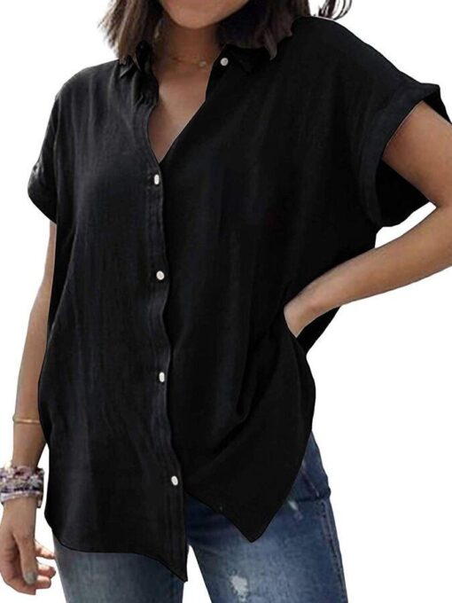 Ladies Cotton Linen Short Sleeve Retro Casual Simple Shirt - Image 7