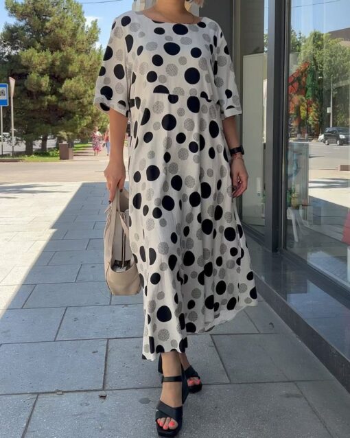 Polka Dot Print Short Sleeve Long Dress