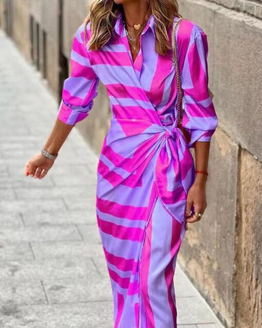 Printed Lapel Long Sleeve Shirt Dress - Image 8