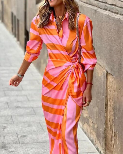 Printed Lapel Long Sleeve Shirt Dress - Image 9