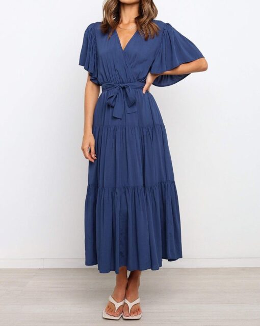 Short-sleeve Pleated Lace-up Dress - Image 2