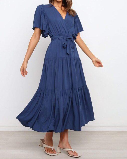 Short-sleeve Pleated Lace-up Dress