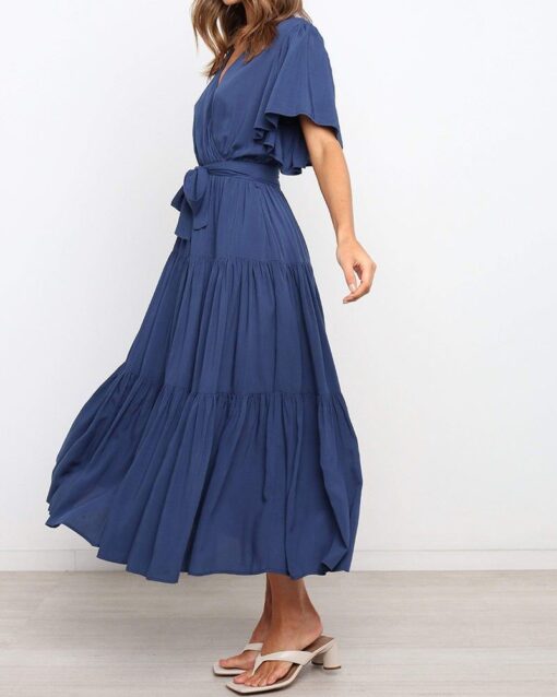 Short-sleeve Pleated Lace-up Dress - Image 3