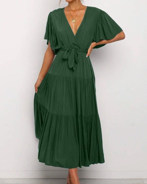 Short-sleeve Pleated Lace-up Dress - Image 6