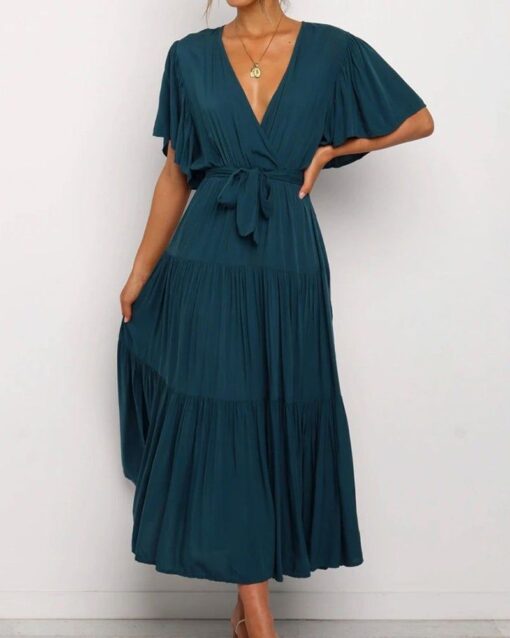 Short-sleeve Pleated Lace-up Dress - Image 11