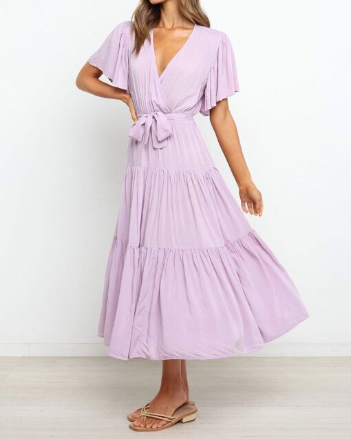 Short-sleeve Pleated Lace-up Dress - Image 10