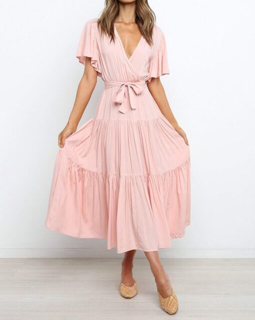 Short-sleeve Pleated Lace-up Dress - Image 12