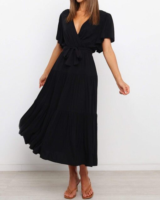 Short-sleeve Pleated Lace-up Dress - Image 13