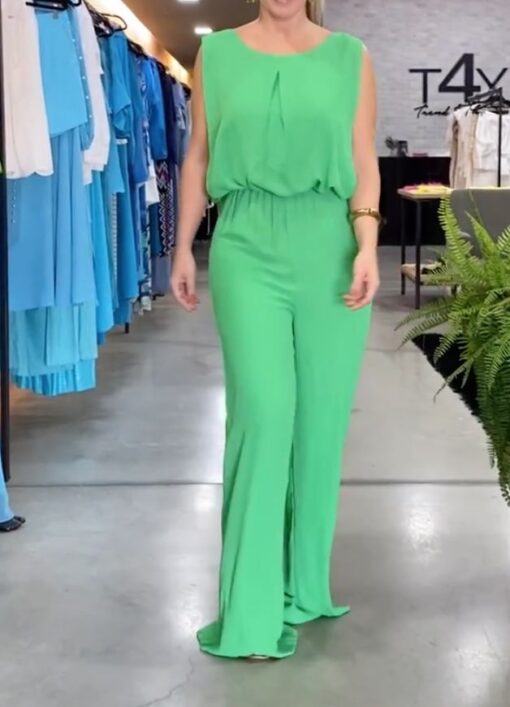 Solid Color Loose Sleeveless Round-Neck Jumpsuits