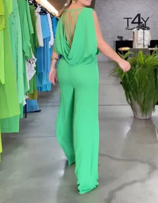 Solid Color Loose Sleeveless Round-Neck Jumpsuits - Image 3