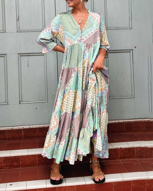 V-neck Bohemian Print Color Blocking Dress