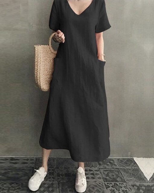 V-neck Cotton Linen Pocket Casual Dress - Image 3