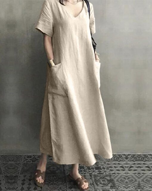 V-neck Cotton Linen Pocket Casual Dress - Image 5