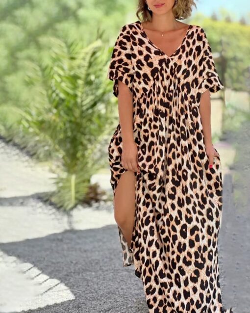 V-neck Leopard Print Short-sleeved Dress - Image 2