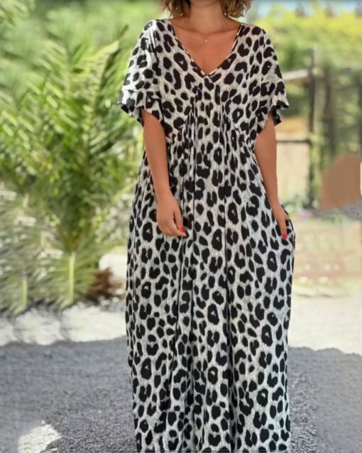 V-neck Leopard Print Short-sleeved Dress