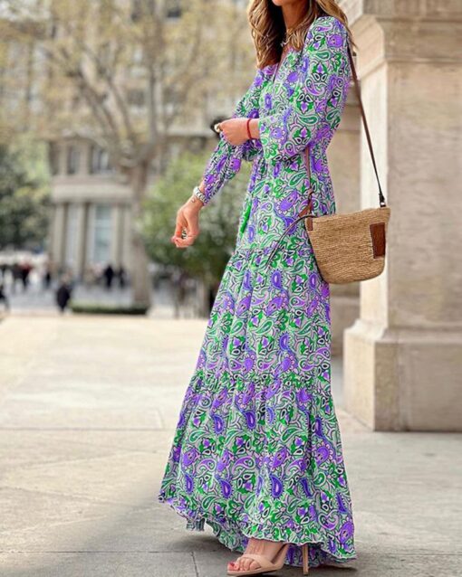 V-neck Long-sleeve Mid-length Boho Dress