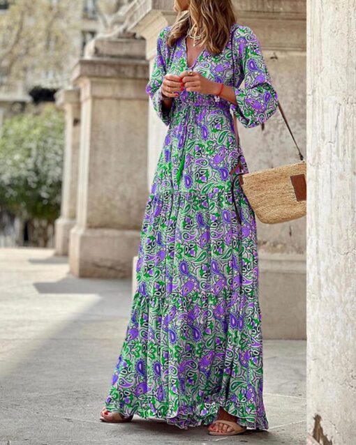 V-neck Long-sleeve Mid-length Boho Dress - Image 6