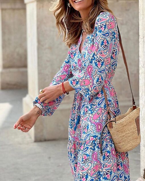 V-neck Long-sleeve Mid-length Boho Dress - Image 4