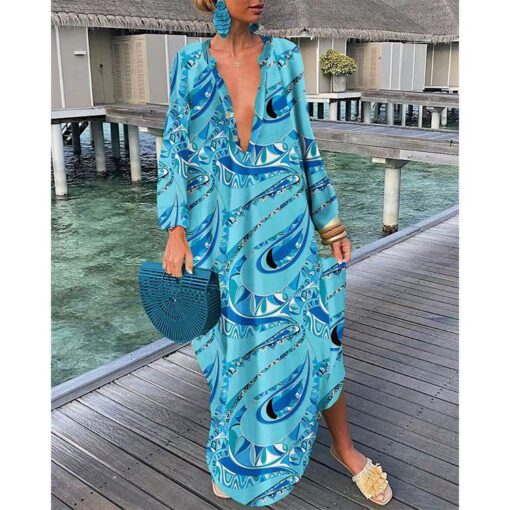 V-neck Loose Long-sleeve Printed Dress