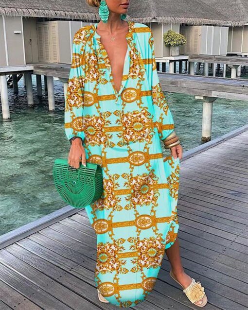 V-neck Loose Long-sleeve Printed Dress - Image 2