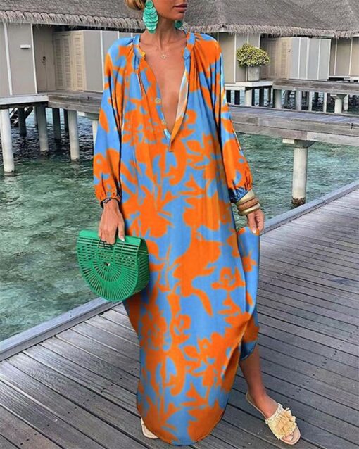 V-neck Loose Long-sleeve Printed Dress - Image 2