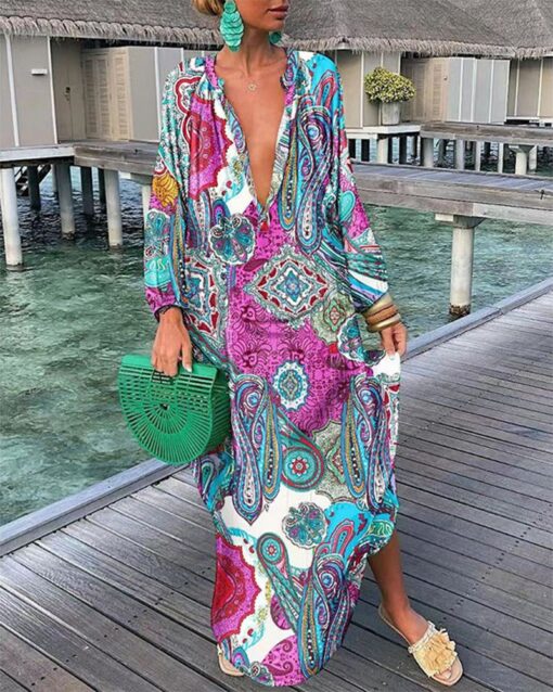 V-neck Loose Long-sleeve Printed Dress - Image 4