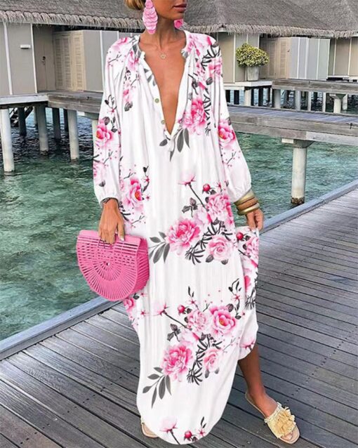 V-neck Loose Long-sleeve Printed Dress - Image 3