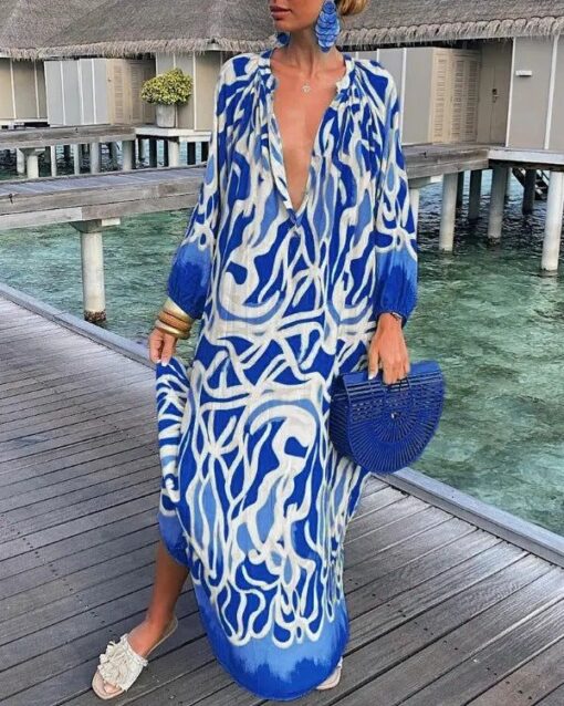 V-neck Loose Long-sleeve Printed Dress