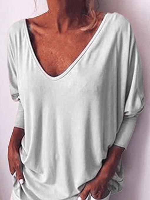 Women's Casual Pure Color Deep V-Neck Long Sleeve T-Shirt - Image 3