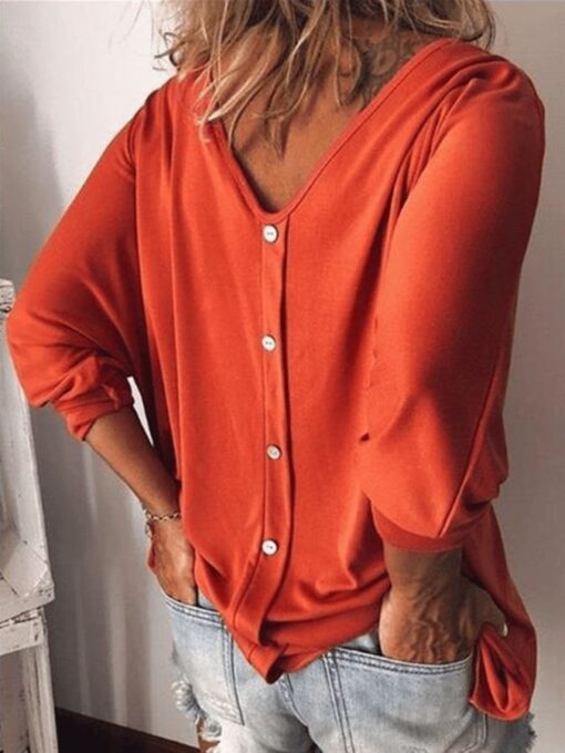 Women's Casual Pure Color Deep V-Neck Long Sleeve T-Shirt - Image 2