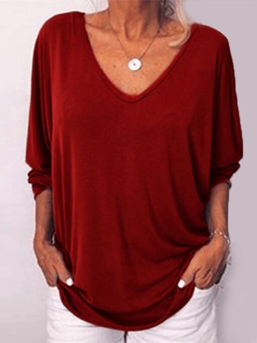 Women's Casual Pure Color Deep V-Neck Long Sleeve T-Shirt - Image 4