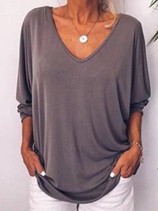 Women's Casual Pure Color Deep V-Neck Long Sleeve T-Shirt - Image 7