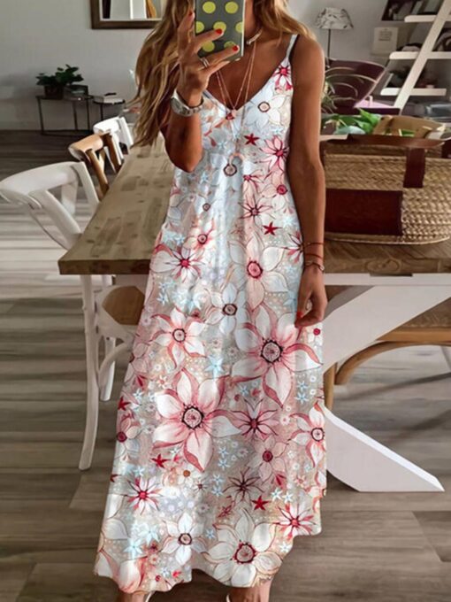 Women's V-Neck Print Loose Slip Dress