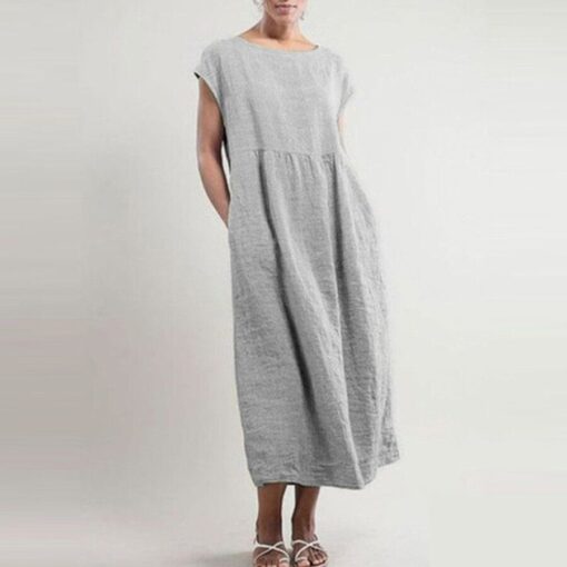 Ladies Loose Cotton Linen Simple Style Dress - Image 3