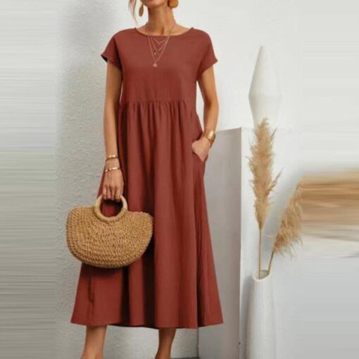 Ladies Loose Cotton Linen Simple Style Dress - Image 2