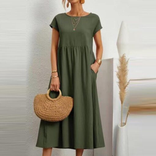 Ladies Loose Cotton Linen Simple Style Dress - Image 4