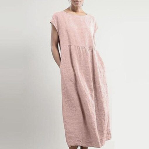 Ladies Loose Cotton Linen Simple Style Dress