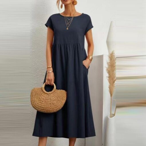 Ladies Loose Cotton Linen Simple Style Dress - Image 6