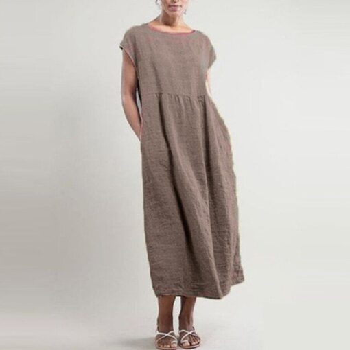 Ladies Loose Cotton Linen Simple Style Dress - Image 5