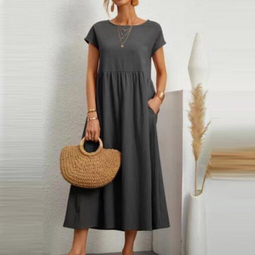 Ladies Loose Cotton Linen Simple Style Dress - Image 8