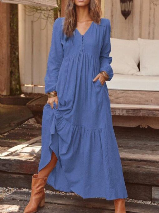 Cotton Linen Retro Casual Long Sleeve Dress - Image 2