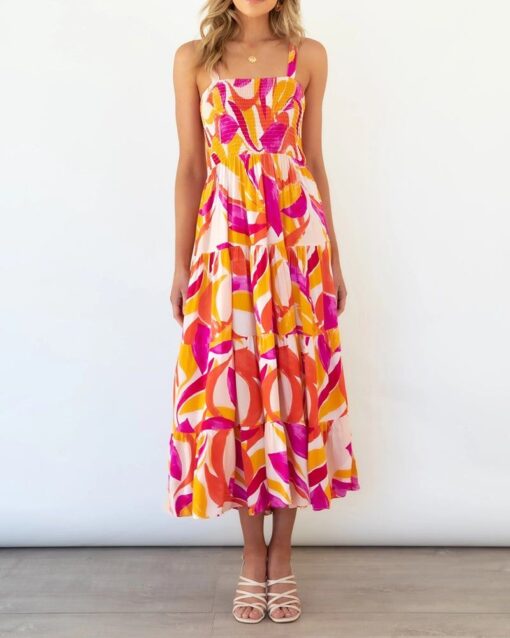 Multi-color print dress with straps and strapless