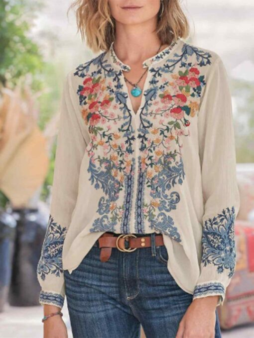 Polyester Holiday Style Printed V-neck Long-sleeved Loose All-match Shirt