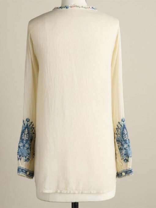 Polyester Holiday Style Printed V-neck Long-sleeved Loose All-match Shirt - Image 2