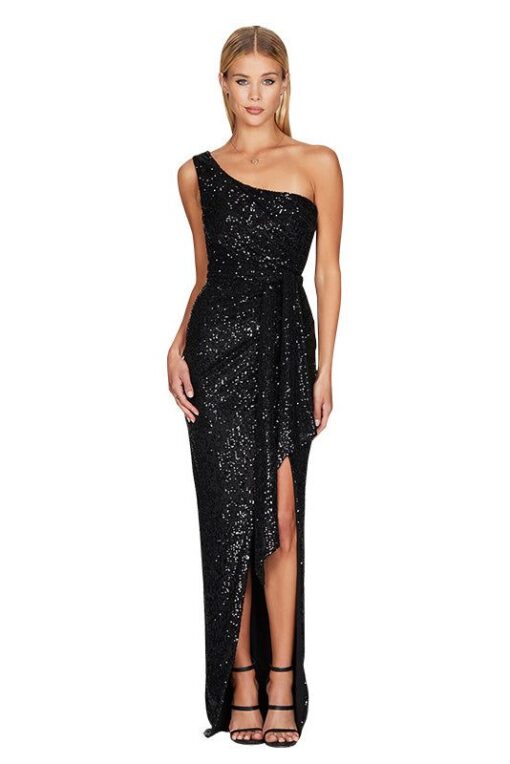 One Shoulder Sequined Gown Slit Maxi Dresses - Image 9