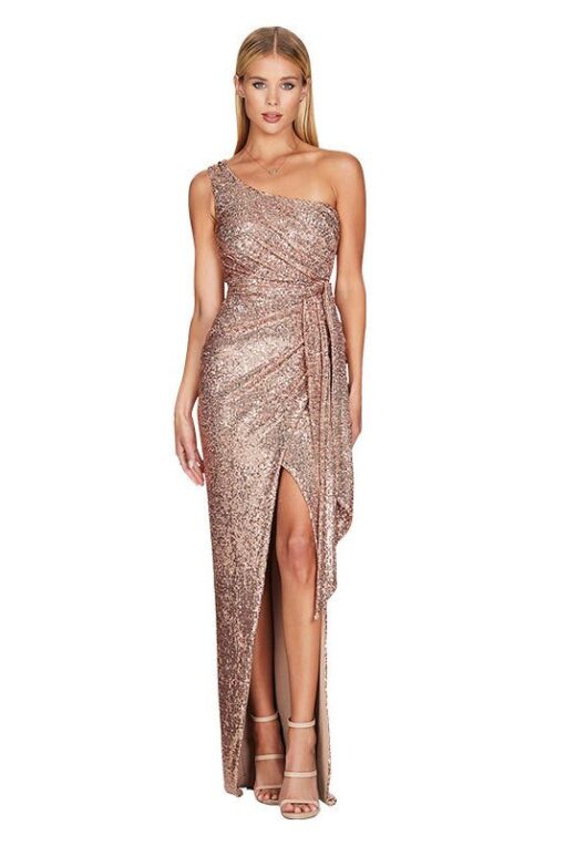 One Shoulder Sequined Gown Slit Maxi Dresses - Image 8