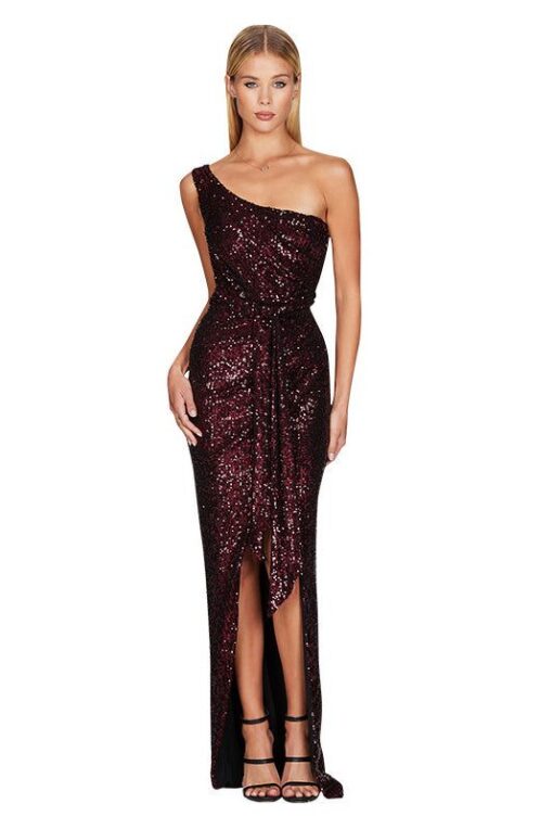 One Shoulder Sequined Gown Slit Maxi Dresses - Image 6