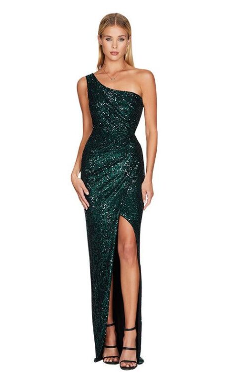 One Shoulder Sequined Gown Slit Maxi Dresses - Image 7